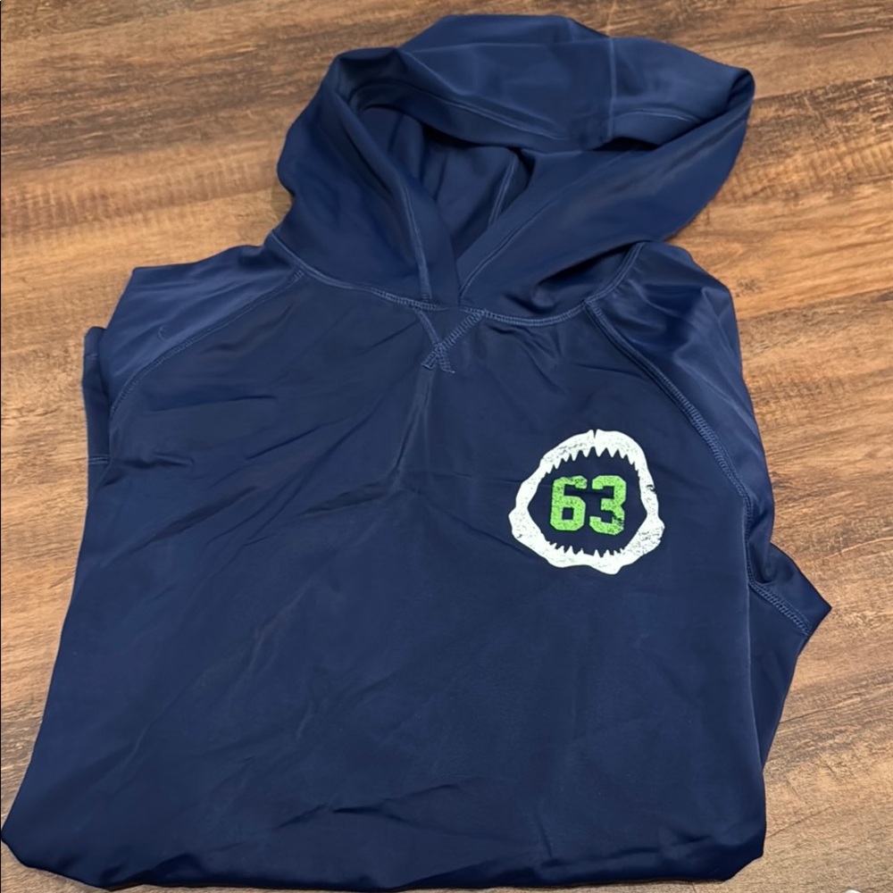 Lands end long sleeve Swim rash guard. Navy Hoodie with Green Number Patch